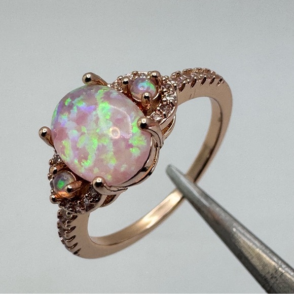 New Pink Faux Opal Diamond White CZ Rose Gold Ring Set Vintage Style Art Deco - Picture 4 of 6